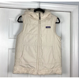Patagonia Los Gatos Hooded Vest Womens M Ivory Reversible Fleece Puffer Coat